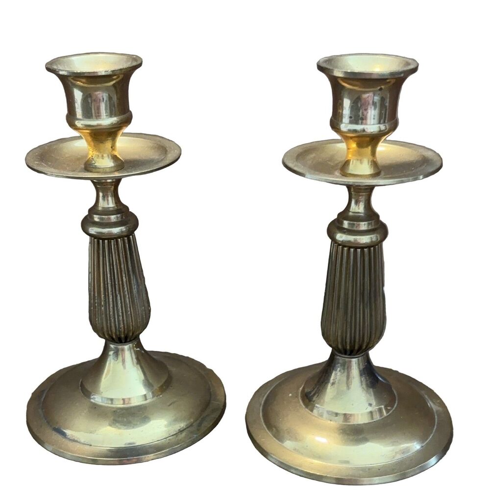 Gold Brass Candlestick Holders Set of 2 Matching Pair 6 inches Tall